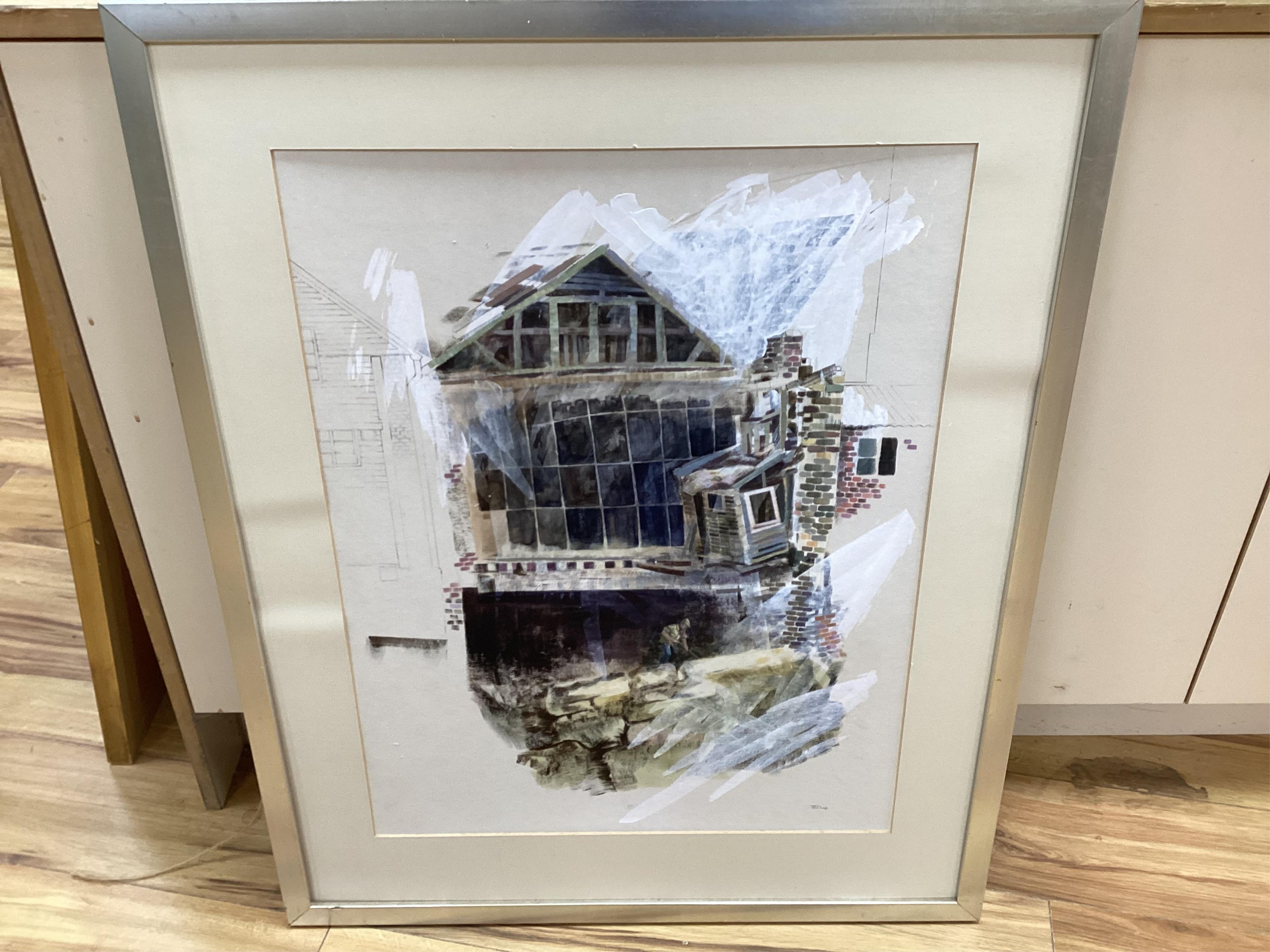 Pauline Clough (Contemporary), heightened watercolour and pencil, ‘Derelict building - Lewes’, signed, label verso, 63 x 48cm. Condition - good